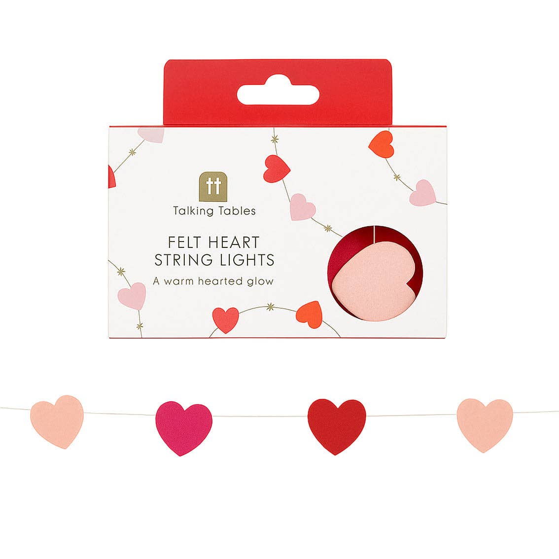 Love Icons Felt Heart String Lights 2m - showing the lights inside packaging and out from penny black