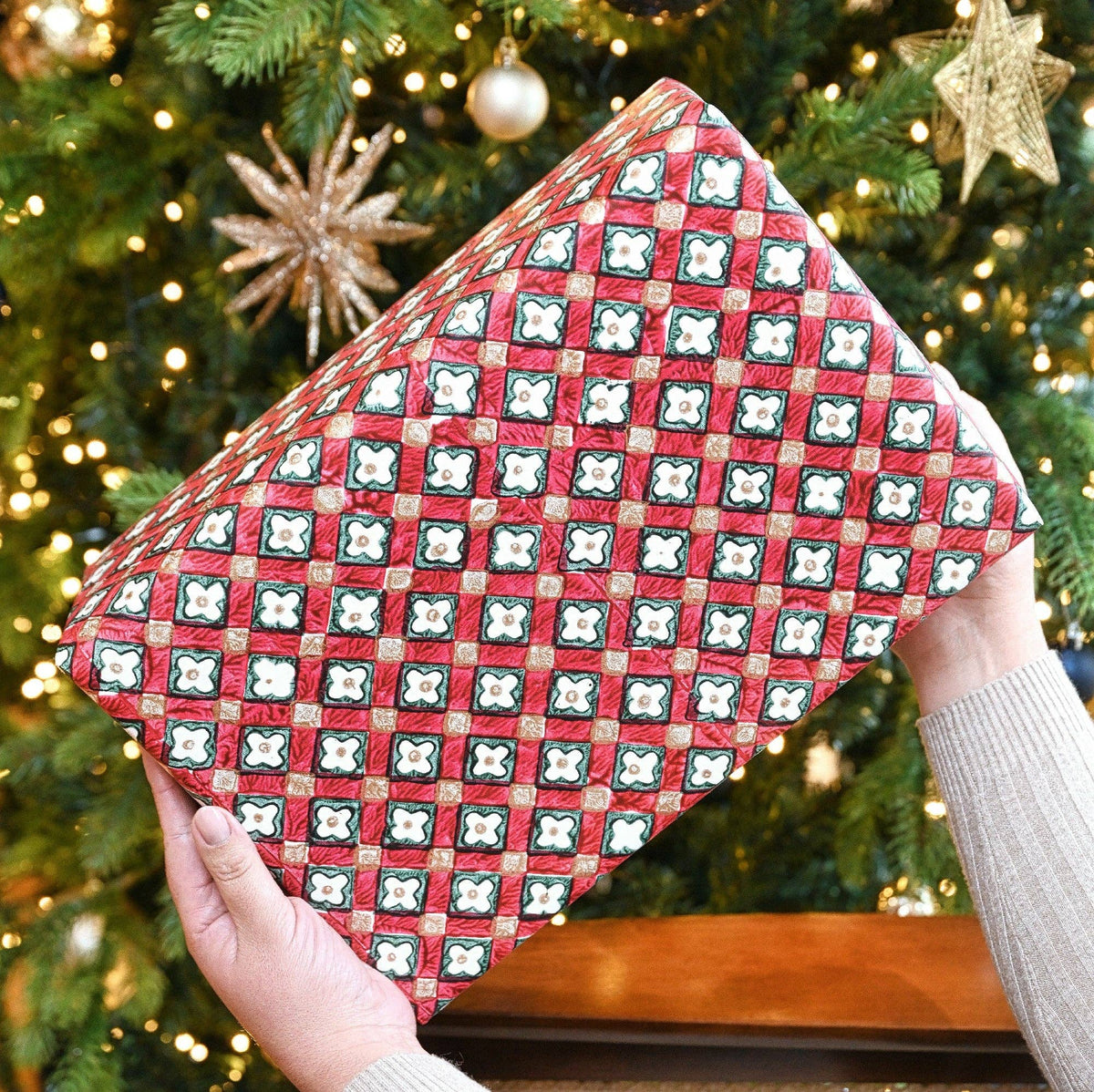 Block Printed Scarlet Floral Check Christmas Wrapping Paper Sheet