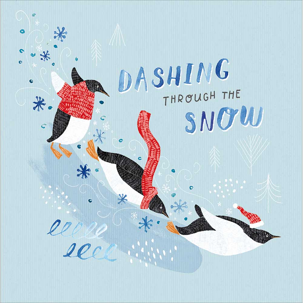 Penguins Dashing Through The Snow Christmas Card by penny black