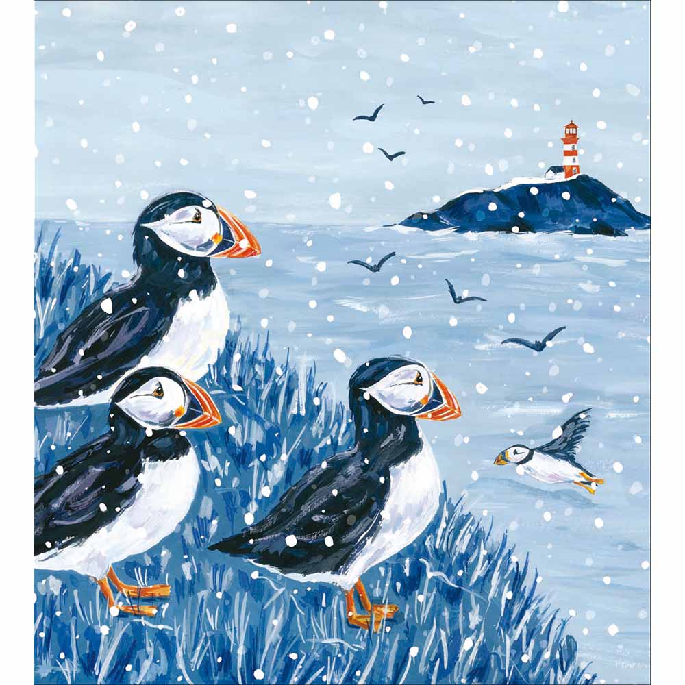 Snowy Puffins & Lighthouse Charity Christmas Card 5 Pack by penny black