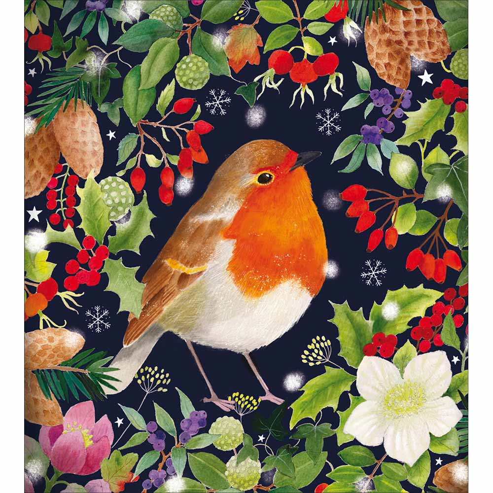 Little Robin With Snowflakes & Flowers Charity Christmas Card 5 Pack by penny black