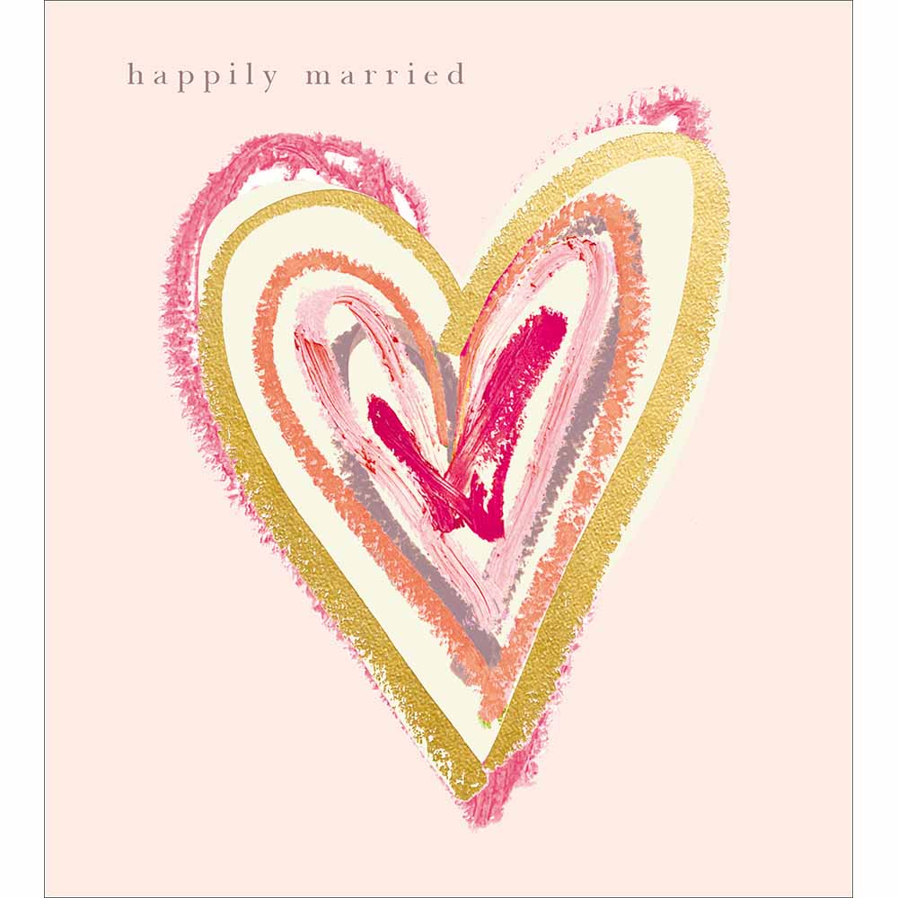 Gold & Pink Concentric Hearts Happily Married Wedding Card at Penny Black