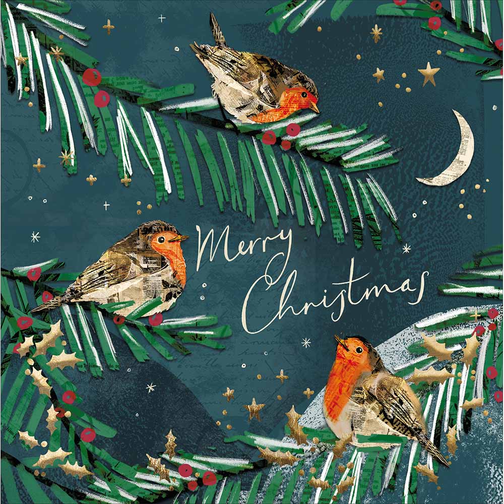 Collaged Robins On Branches Christmas Card by penny black