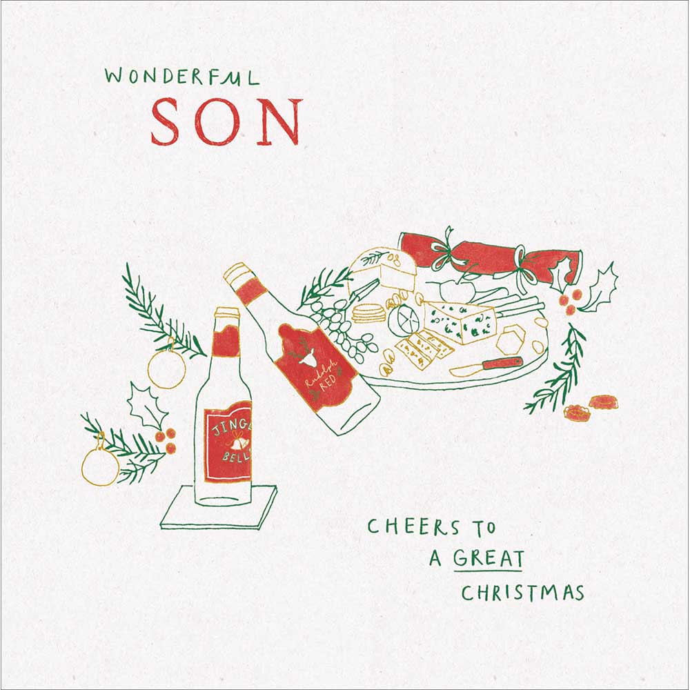 Wonderful Son Beer Bottles And Holly Christmas Card by penny black
