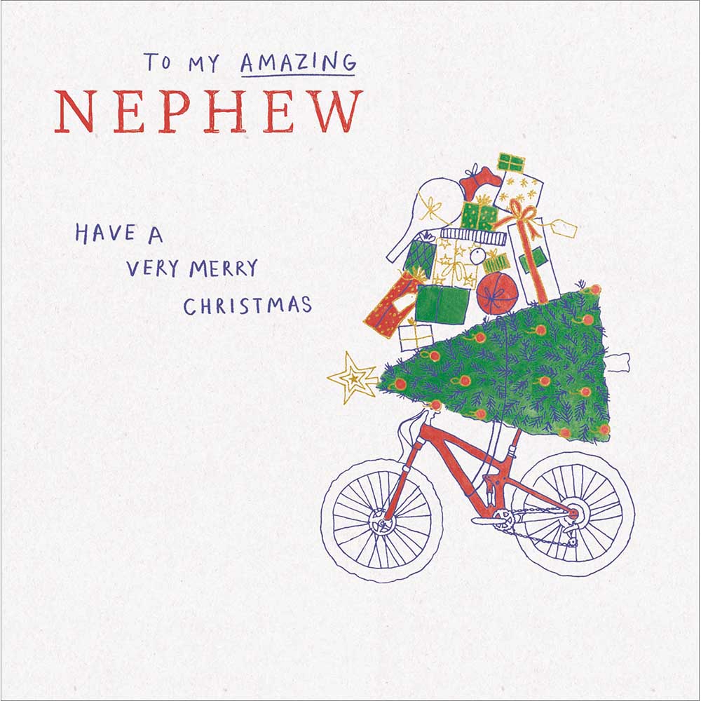 Amazing Nephew Tree And Presents On A Bike Christmas Card by penny black