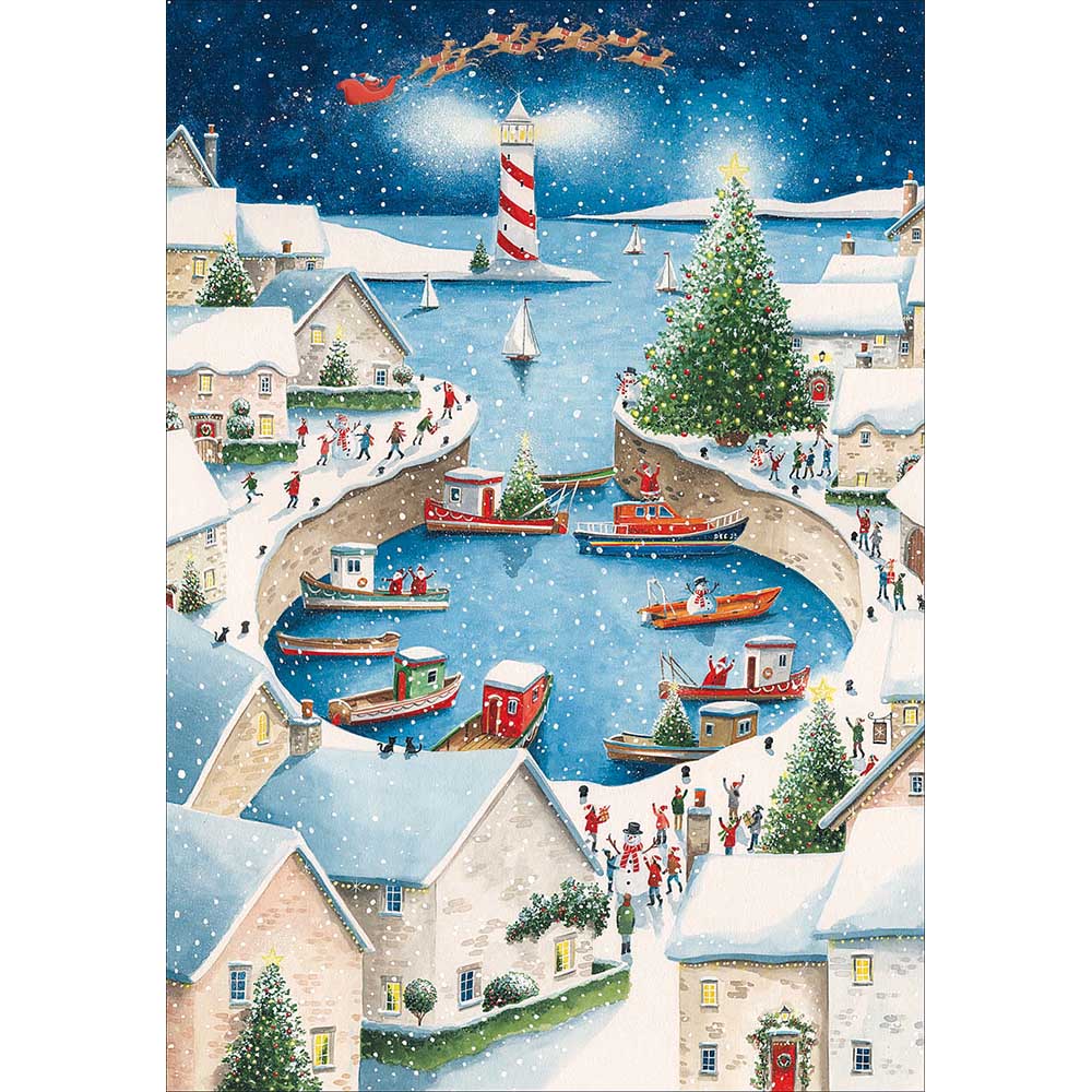 RNLI 2025 Charity Christmas Card Box Of 20 showing the harbour below santa