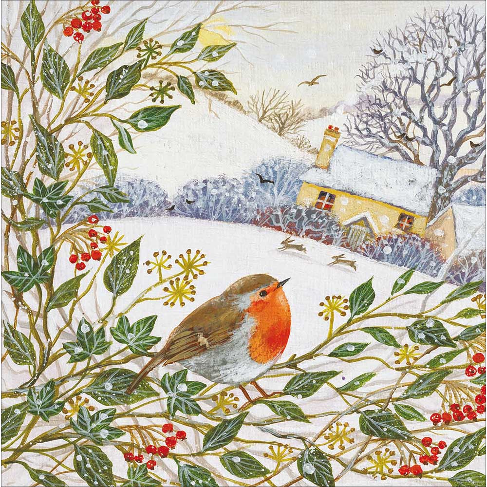 RSPB 2025 Charity Christmas Card Box Of 20 - showing robin in a snowy country landscape design