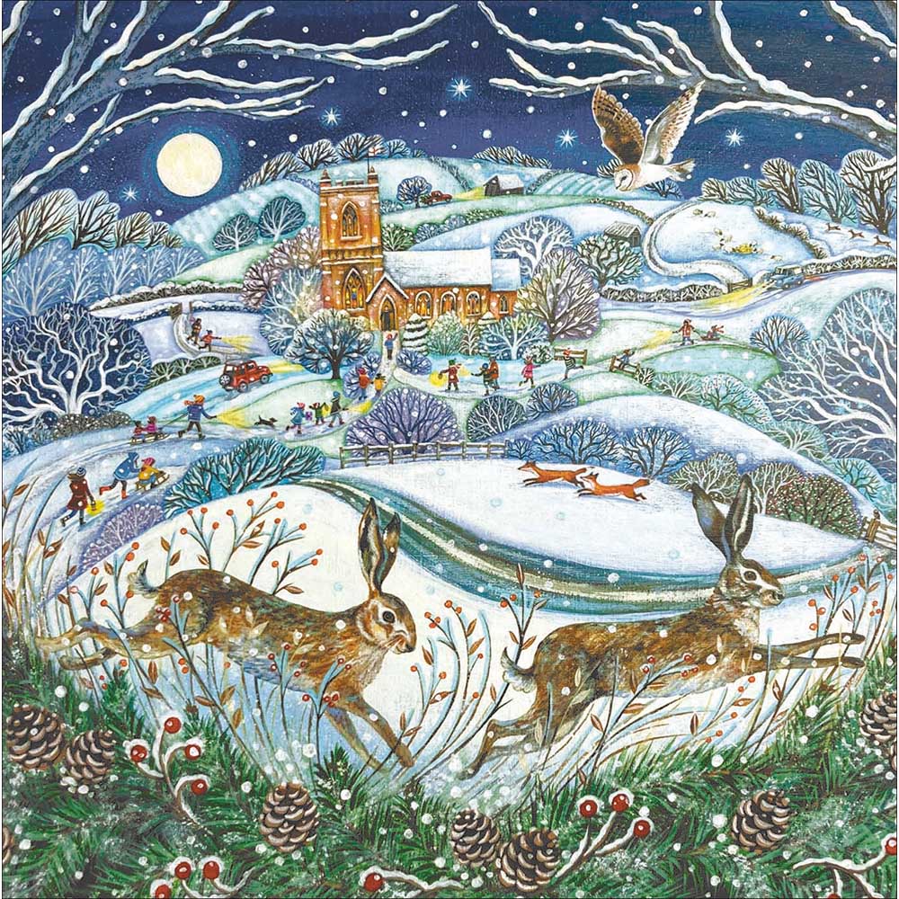 RSPB 2025 Charity Christmas Card Box Of 20 showing hares leaping across a winter countryside design