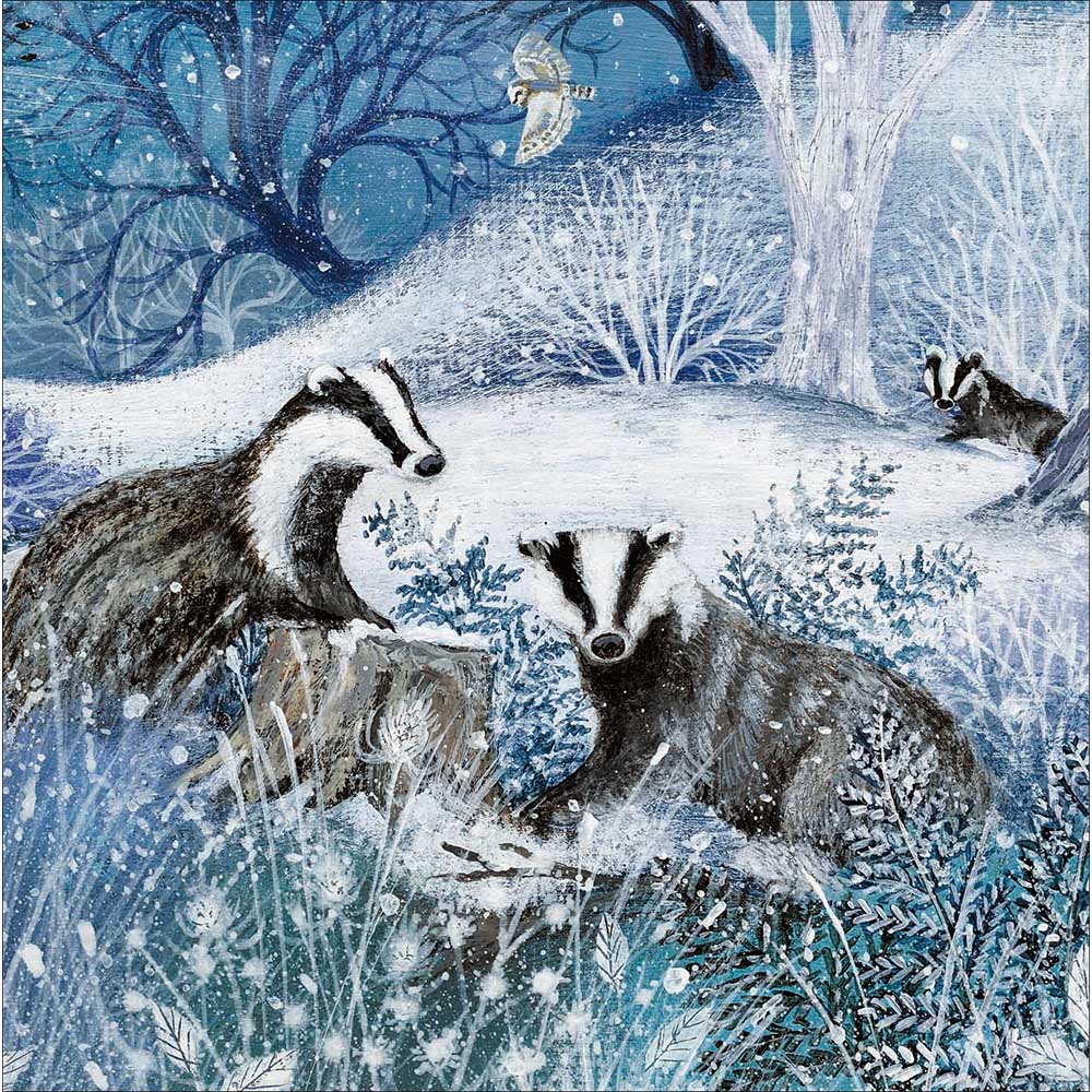 RSPB 2025 Charity Christmas Card Box Of 20 showing badgers in a winter scene design
