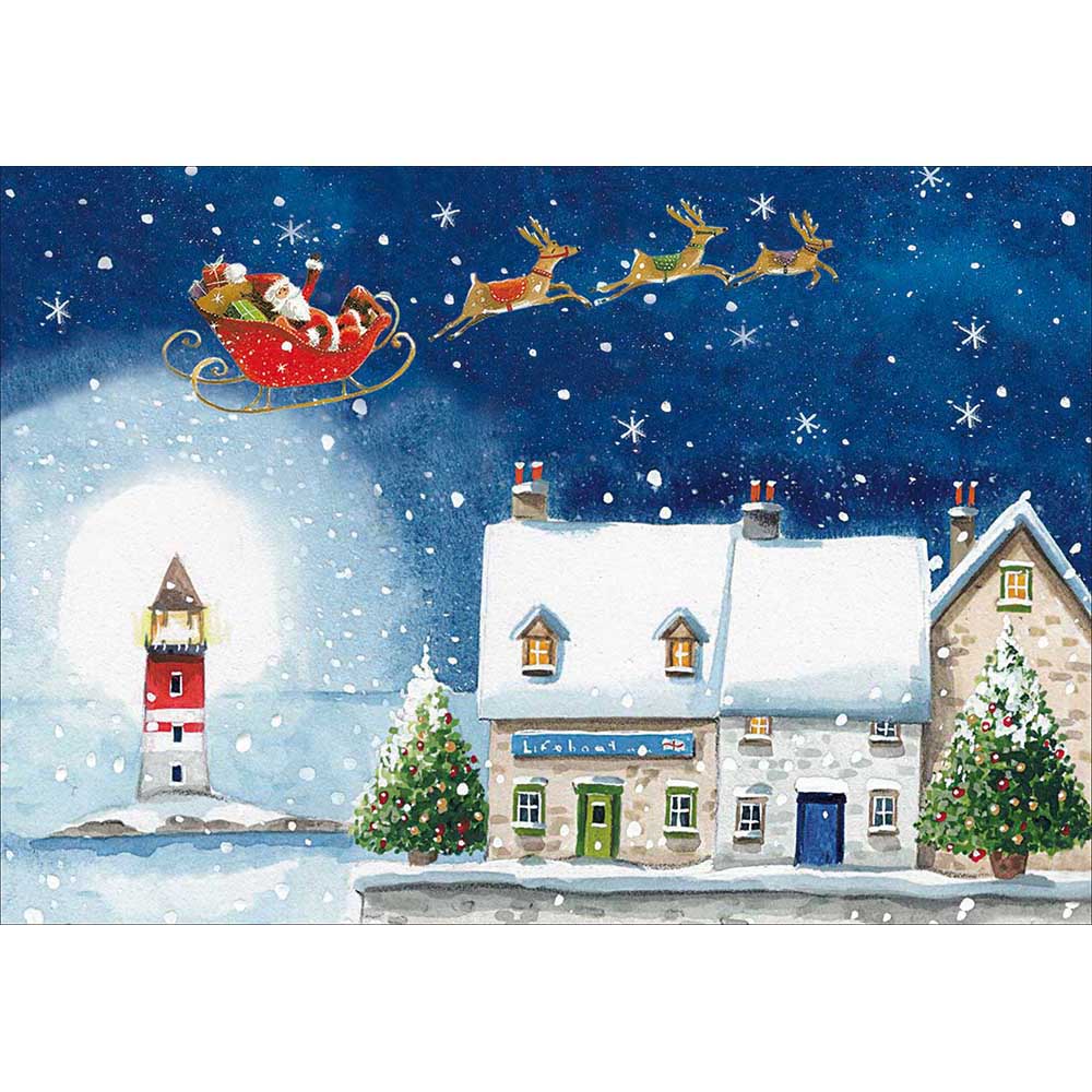 RNLI 2025 Charity Christmas Card Box Of 20 showing santa above the lighthouse design
