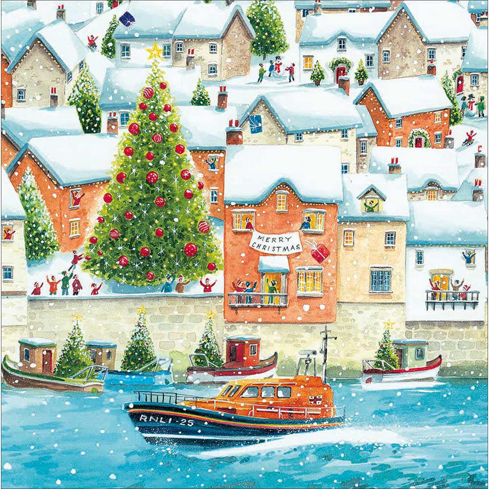 RNLI 2025 Charity Christmas Card Box Of 20 showing the festive lifeboat celebration design