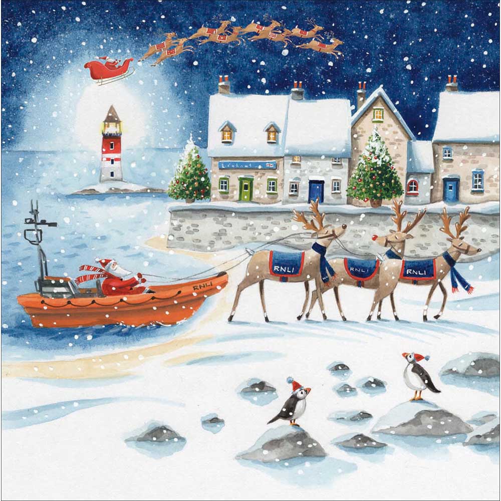RNLI 2025 Charity Christmas Card Box Of 20 showing the RNLI lifeboat being drawn by reindeers design