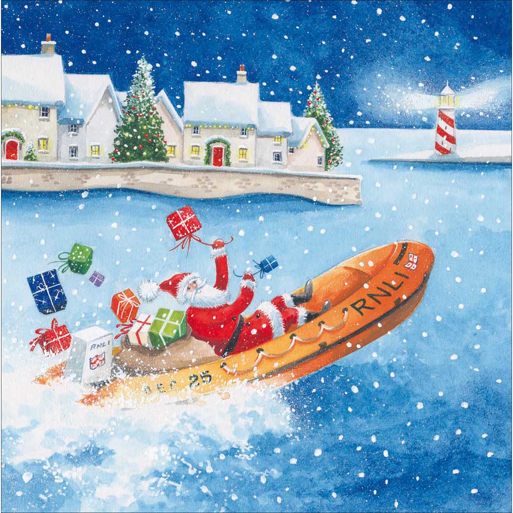 RNLI 2025 Charity Christmas Card Box Of 20 showing santa delivering from a lifeboat design