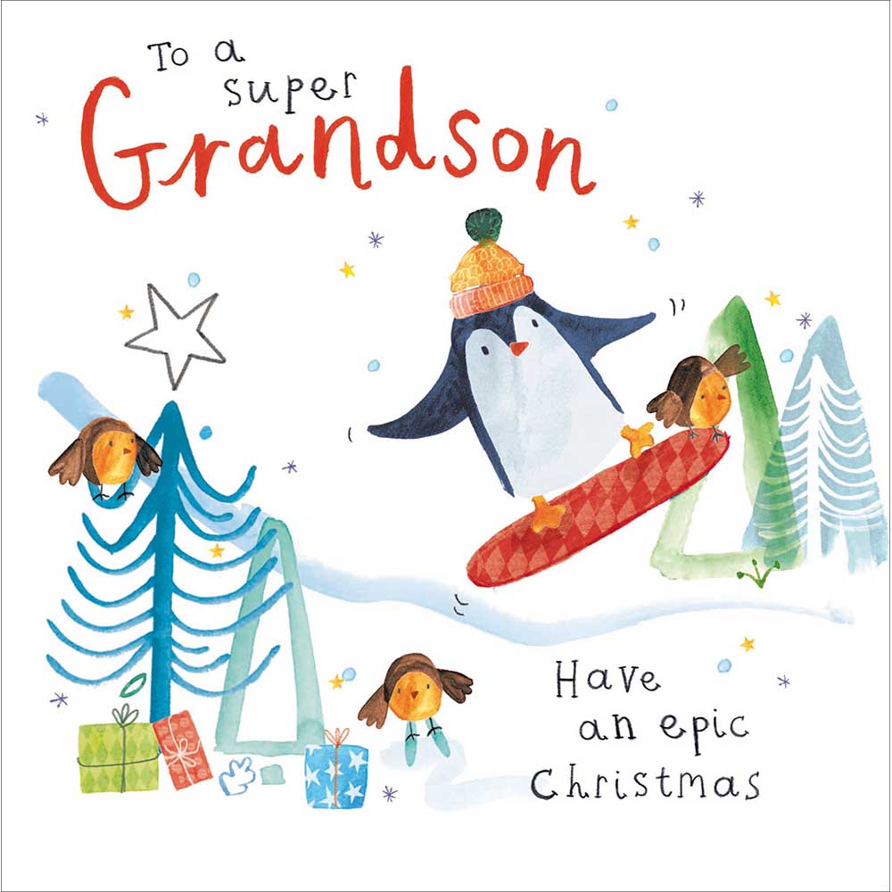 Snowboarding Penguin Super Grandson Christmas Card by penny black