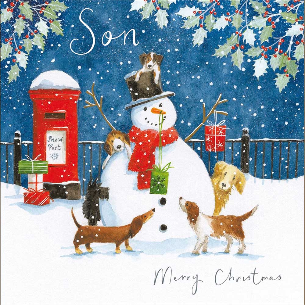 Dogs Building Snowman Son Christmas Card by penny black