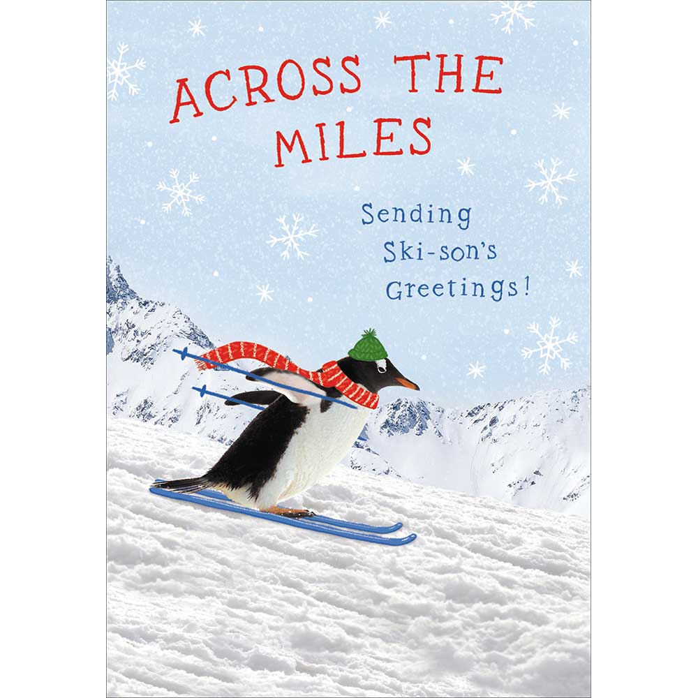 Skiing Penguin Across The Miles Christmas Card by penny black