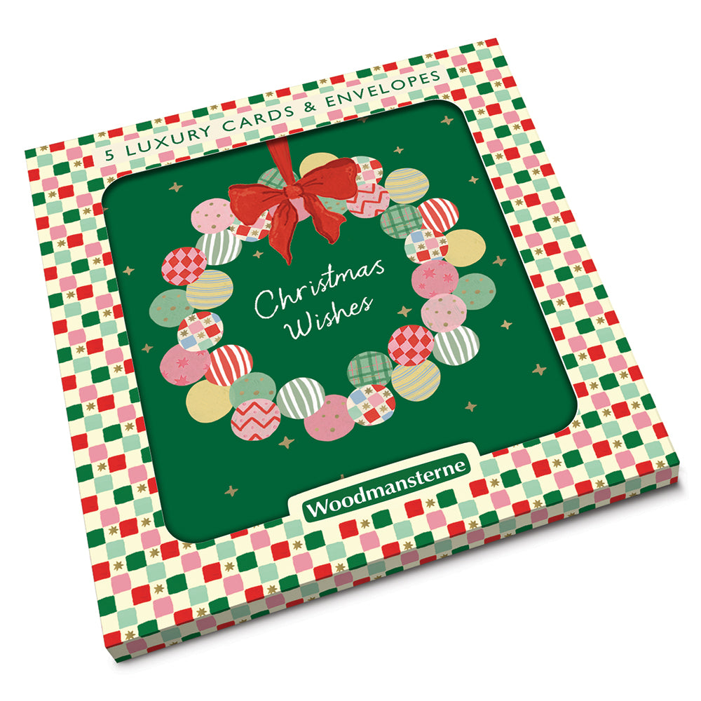 Retro Bauble Wreath Luxury Christmas Card 5 Pack by penny black