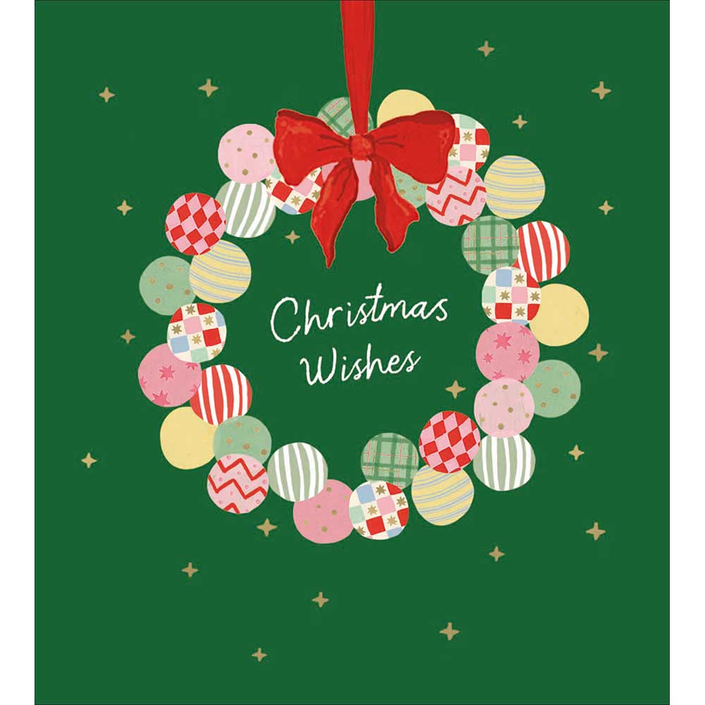 Retro Bauble Wreath Luxury Christmas Card 5 Pack showing the bauble wreath design from the box