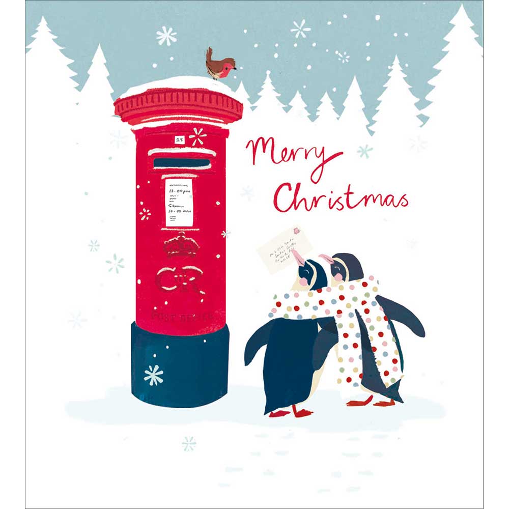 Postbox Penguins Luxury Christmas Card 5 Pack showing box design with two snuggly penguins posting a christmas card in a King Charles red postbox