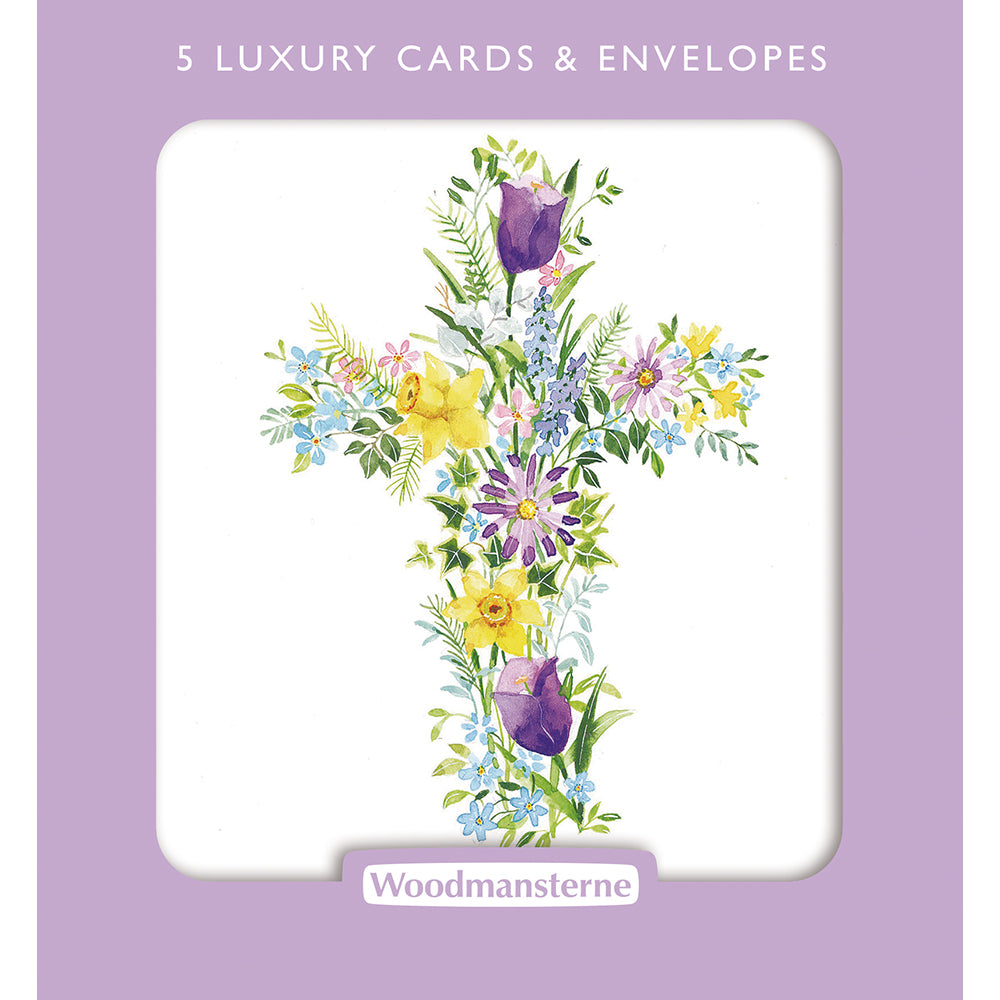 Purple Cross Of Flowers Pack of 5 Easter Cards & Envelopes By Penny Black shown in packaging