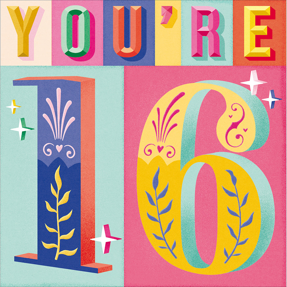 Bold Colourful Typographic You're 16 Birthday Card from Penny Black