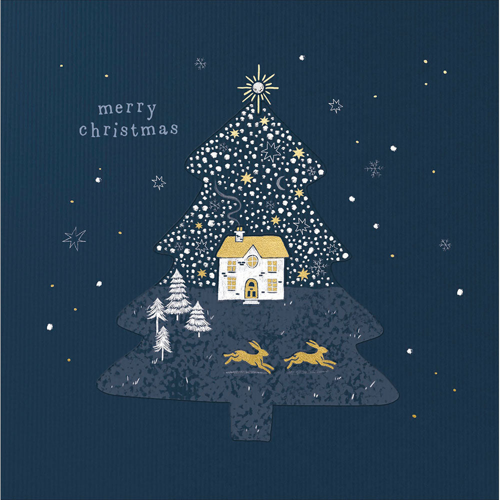 Magical Christmas Tree Cottage Gold Hares Card By Penny Black
