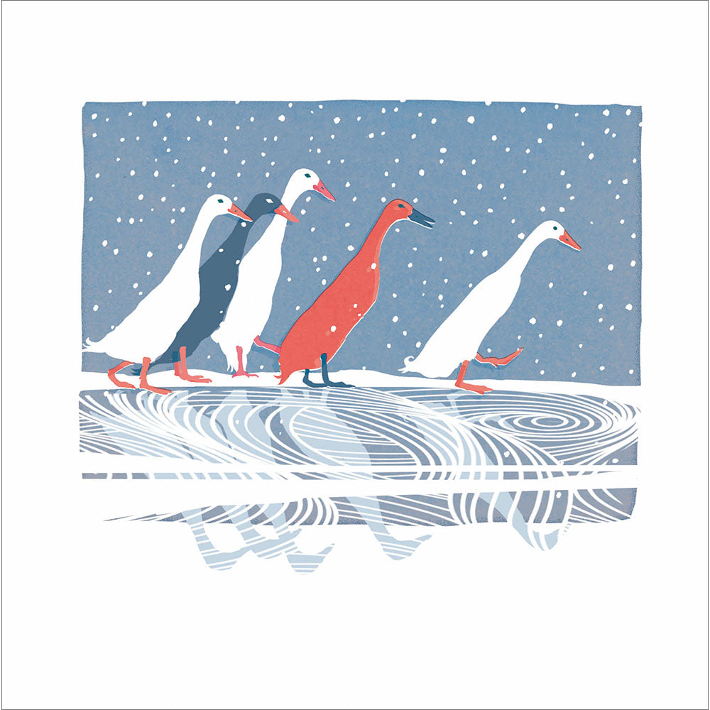 Winter Waddle Geese On Ice Lino Print Christmas Card By Penny Black