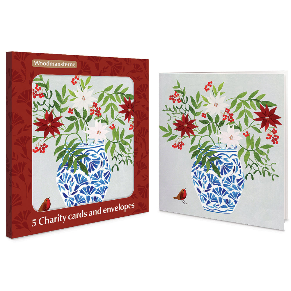 Winter Blooms In Vase With Robin Pack Of 5 Charity Christmas Cards By Penny Black