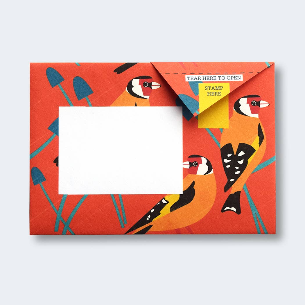 Dawn Chorus Pigeon Folding Letter Set by penny black showing a rich red folded letter with goldfinches