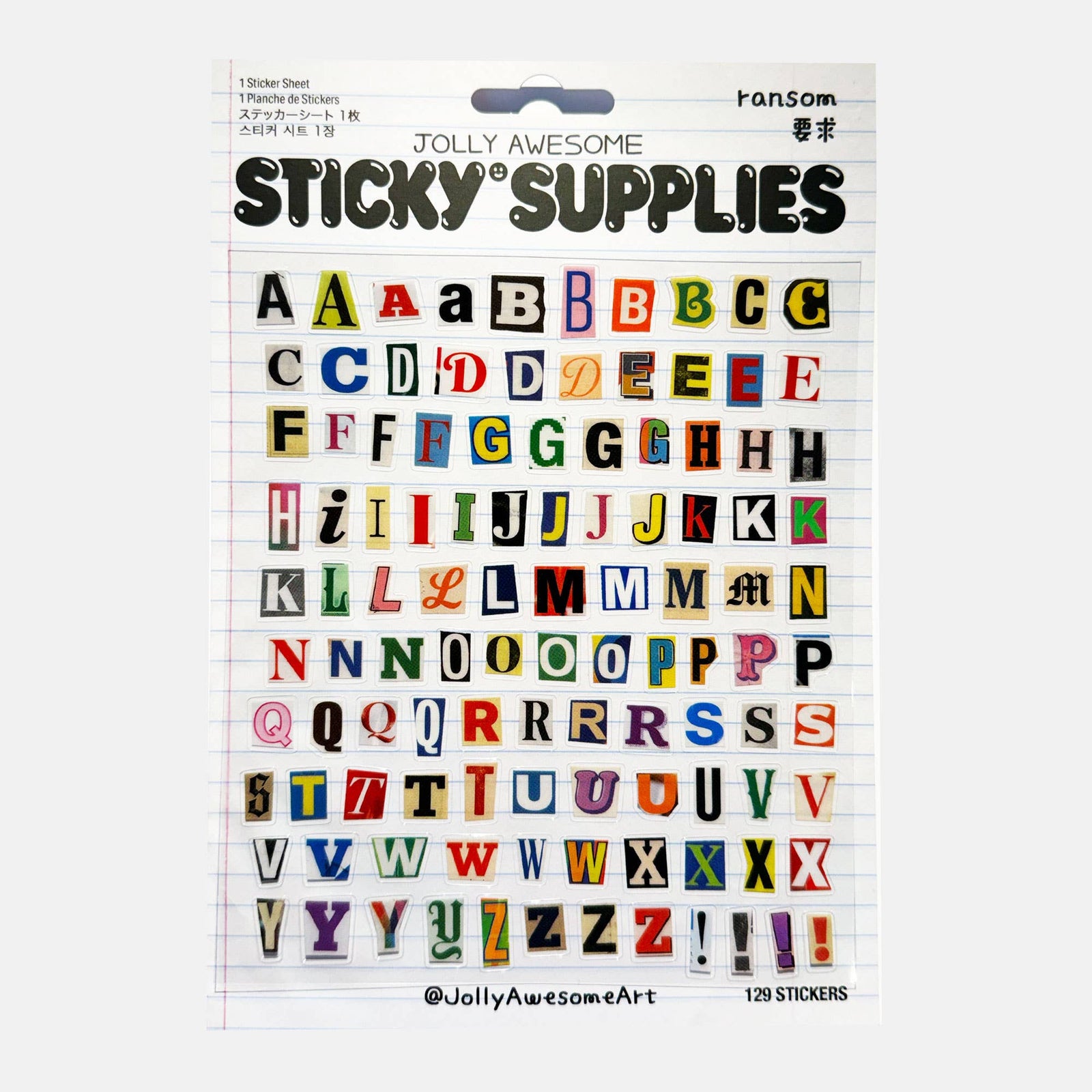A package of Jolly Awesome Sticky Supplies ransom letter stickers on a white background. The packaging shows colourful alphabet stickers arranged in rows, with the brand name 'Jolly Awesome Sticky Supplies' printed at the top.