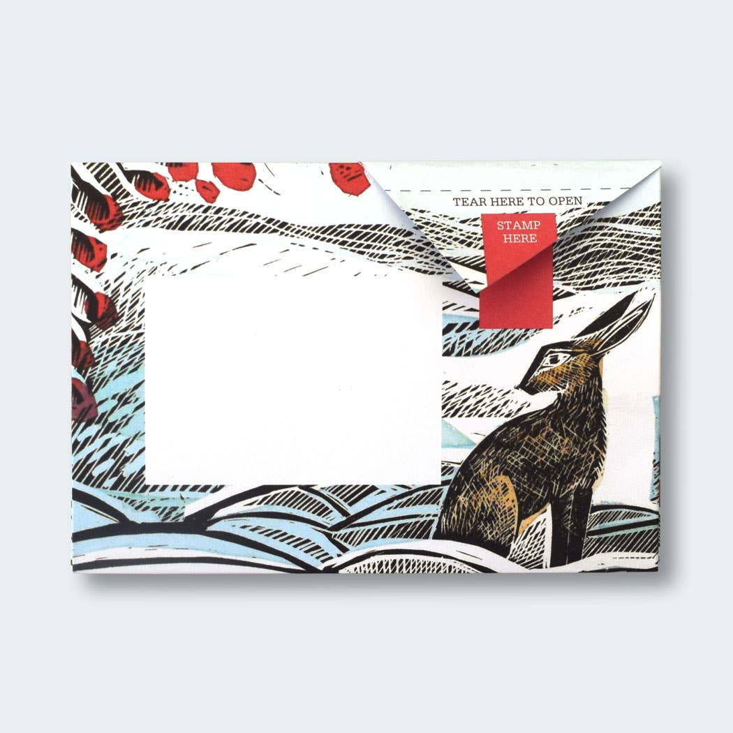 Rewilding Pigeon Folding Letter Set by penny black - showing a folded letter with artwork showing a hare sitting in a snowy landscape