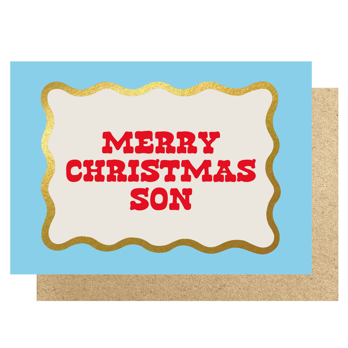 A Christmas greeting card with a light blue background, a cream central panel with a gold scalloped border, and the words “MERRY CHRISTMAS SON” in red. A kraft paper envelope is partially visible behind the card.