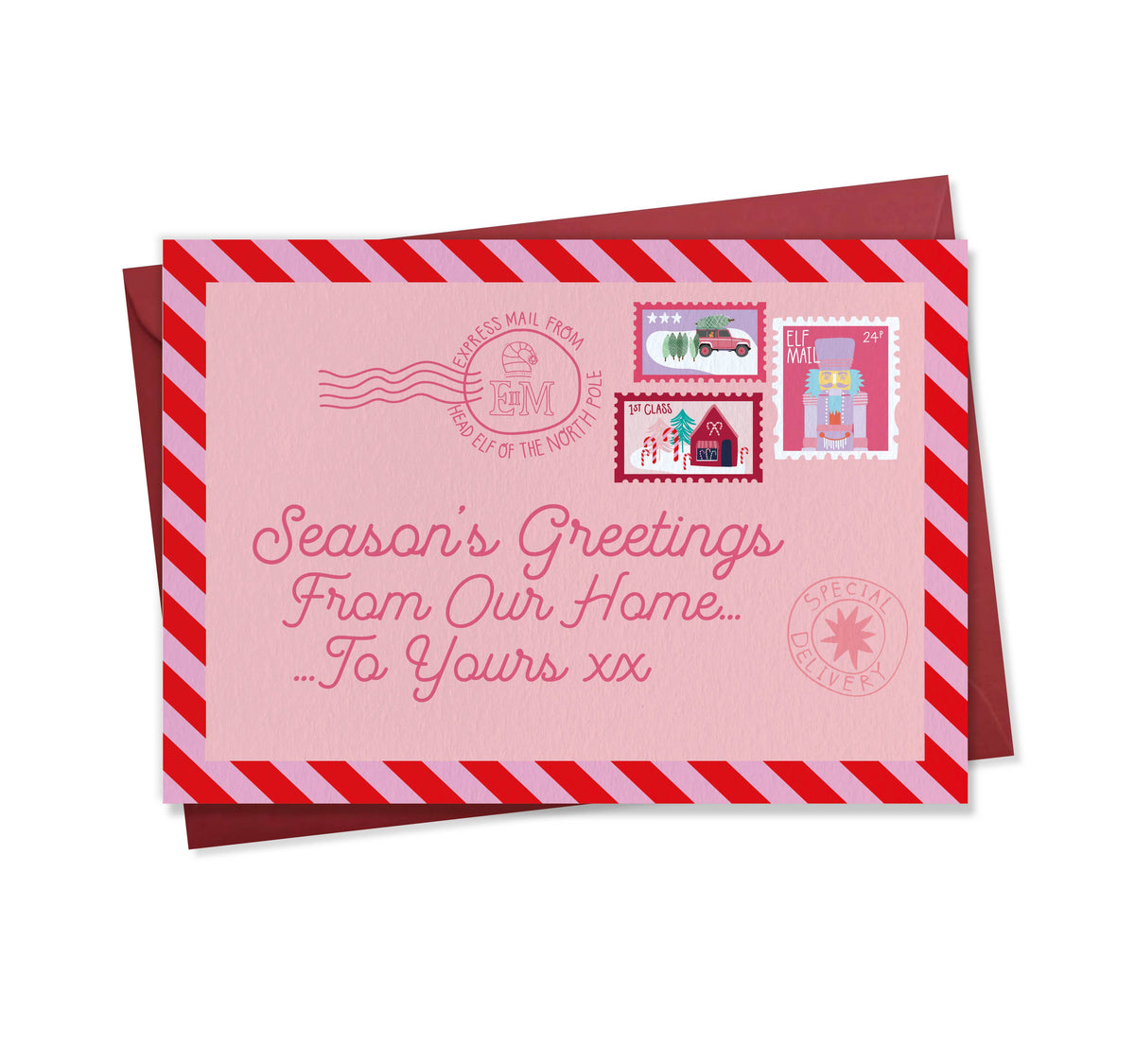 Airmail themed Christmas card with red and pink striped border and 'Season's Greetings from our home to yours' text.
