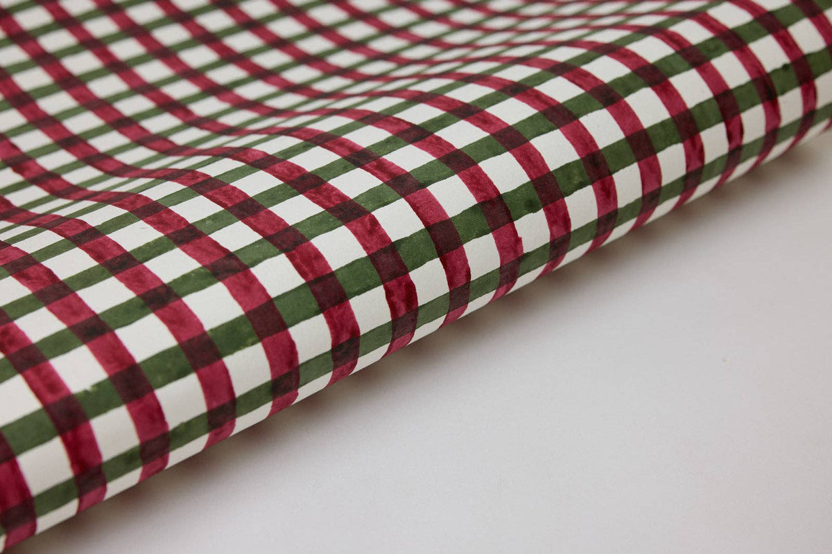 Block Printed Holly Green Plaid Christmas Wrapping Paper Sheet by paper mirchi at penny  - shown rolled