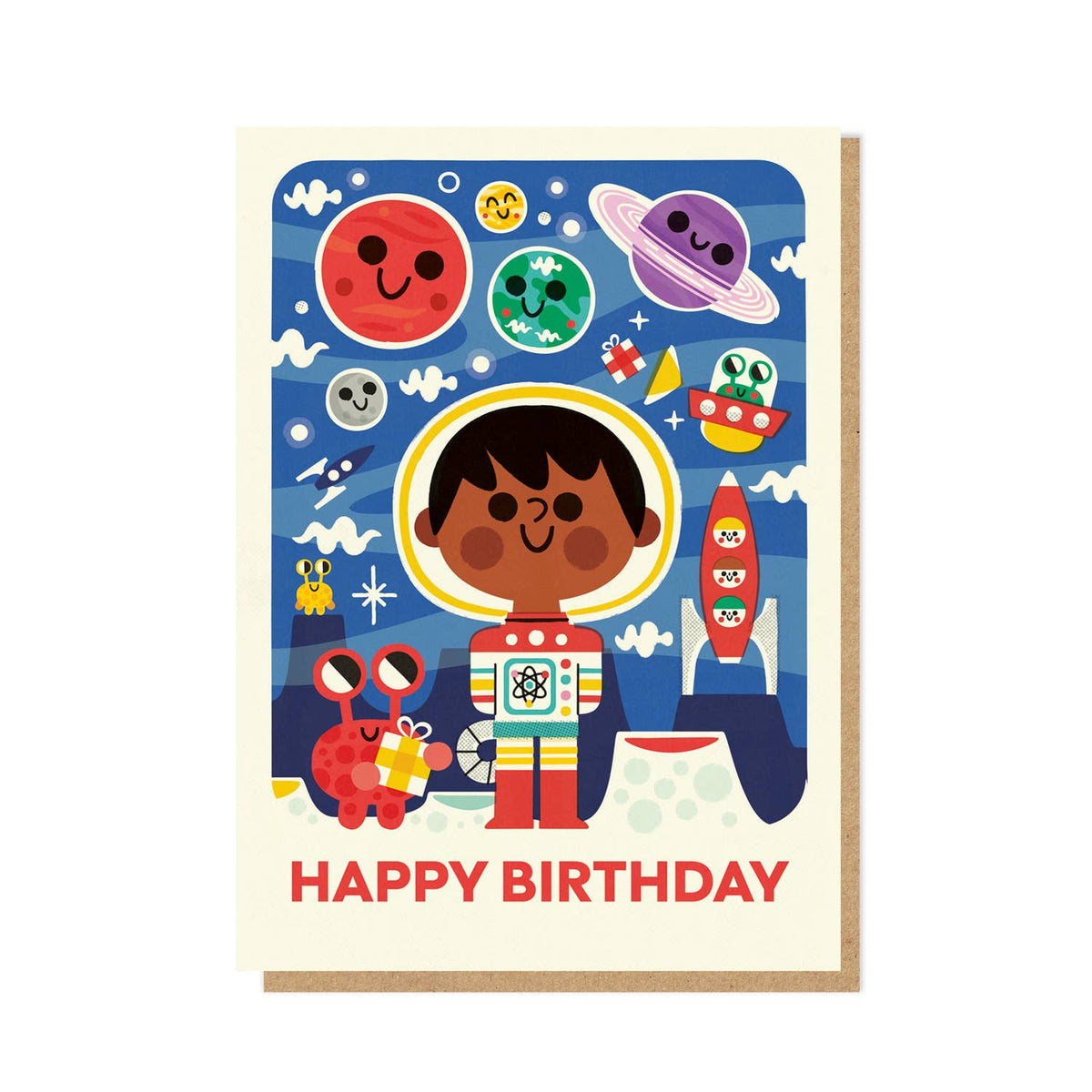 Children's birthday card with space-themed illustrations and a child in an astronaut suit accompanied by a brown envelope.