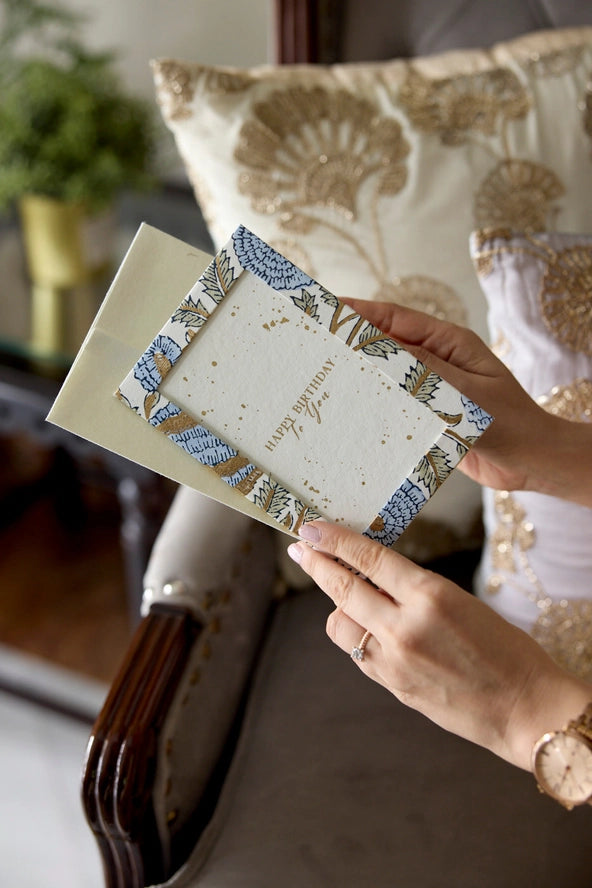 Keepsake Block Printed Photo Frame Birthday Card - Marigold Blue Stone
