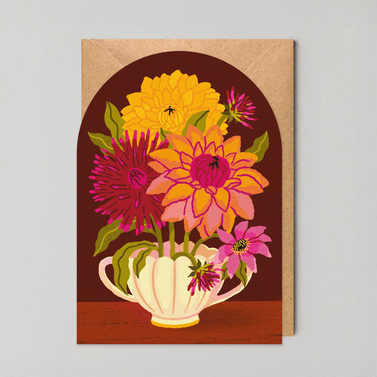 Dahlias in a Teacup Arched Floral Art Card by penny black