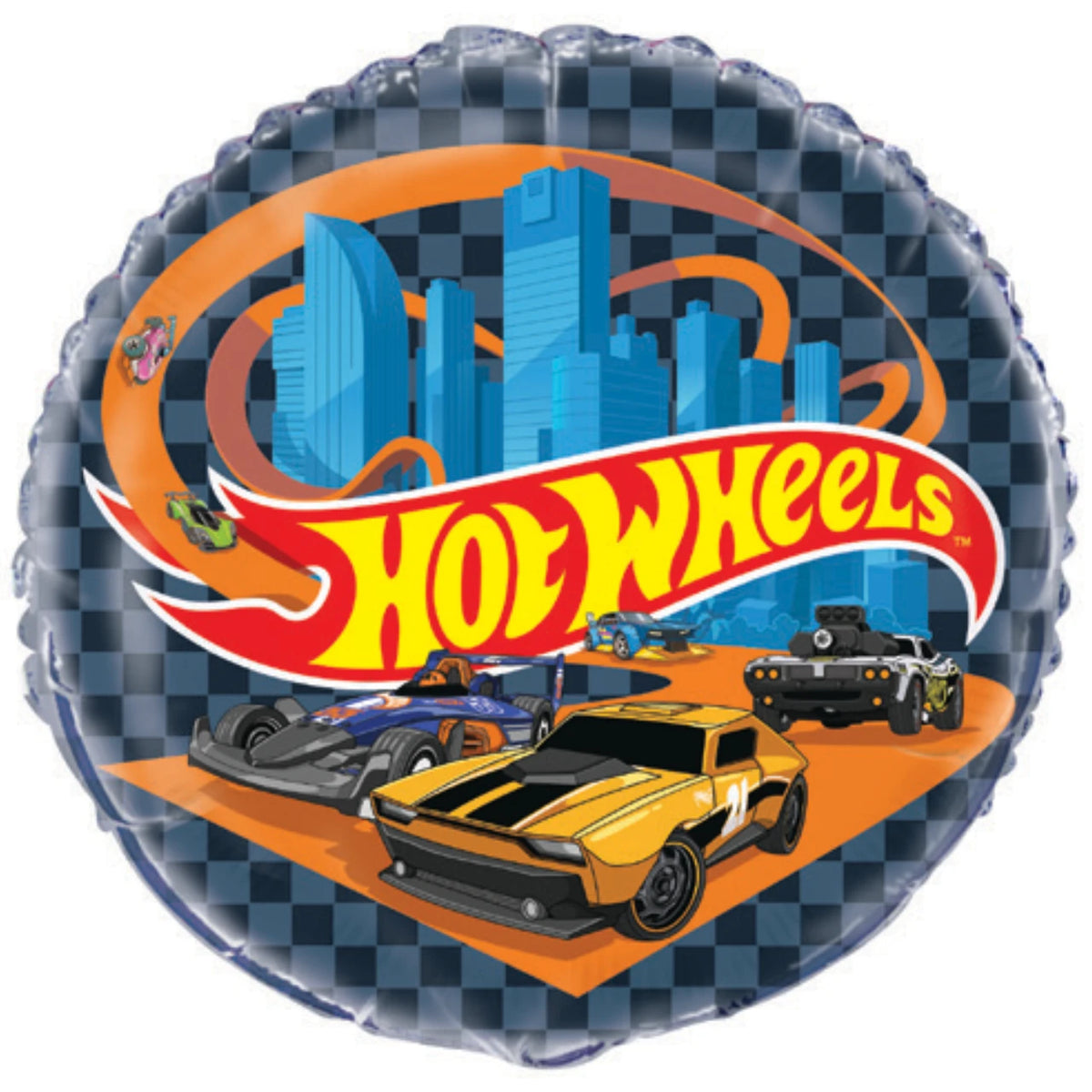 A round foil balloon featuring the Hot Wheels logo and cartoon race cars over a blue city skyline, isolated on a white background.
