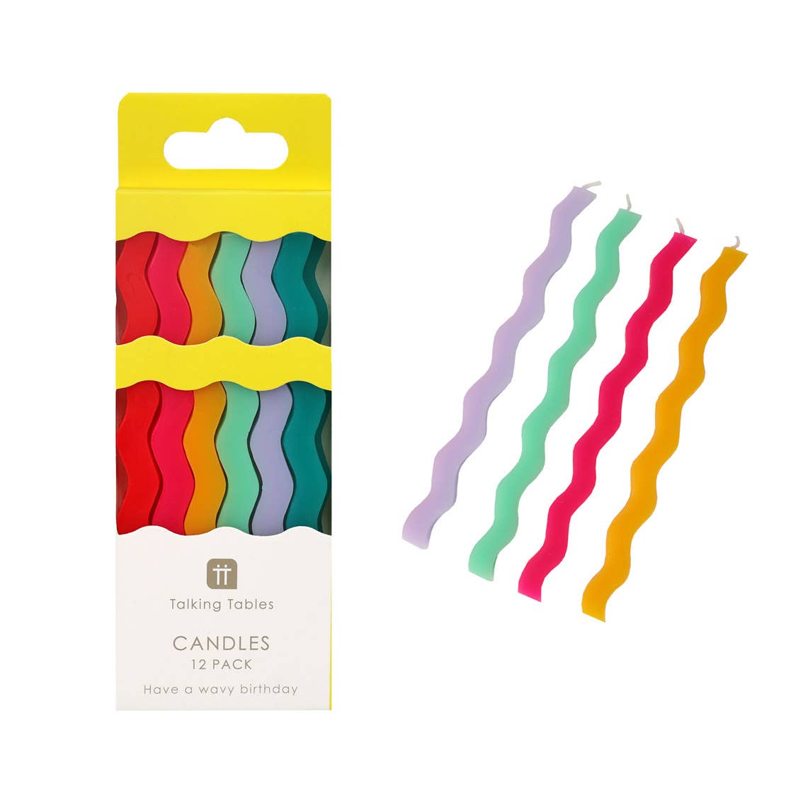 Colourful Wavy Tall Birthday Candle 12 Pack in the packaging and out to show waves by penny black