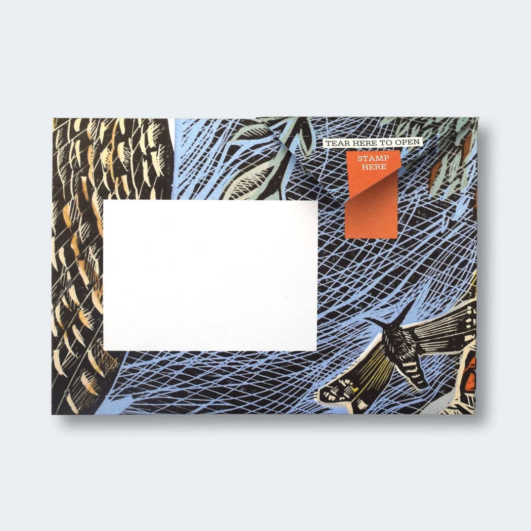 Rewilding Pigeon Folding Letter Set by penny black - showing a folded letter with artwork showing a nighttime scene, moth and owls wing
