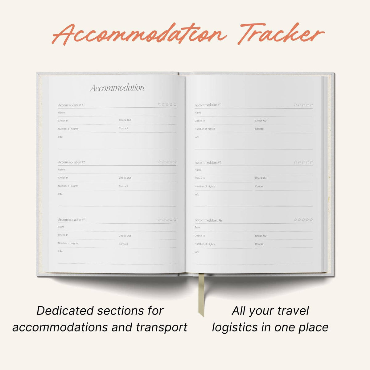 Mountain Sunset A5 Travel Planner by penny black showing inside view of accomodation tracker