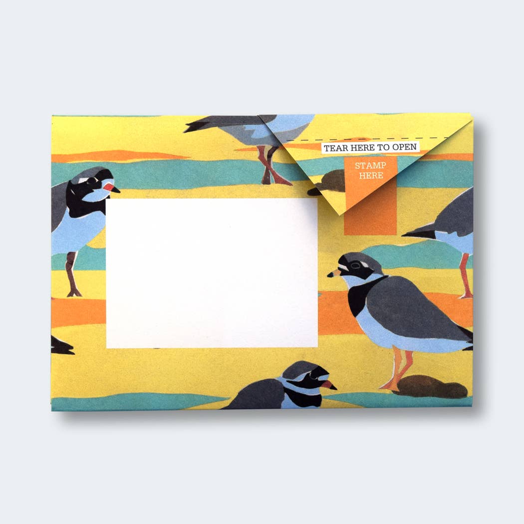 Hebridean Birds Pigeon Folding Letter Set by penny black - showing a yellow and blue folded letter featuring a ringed plover seabird.