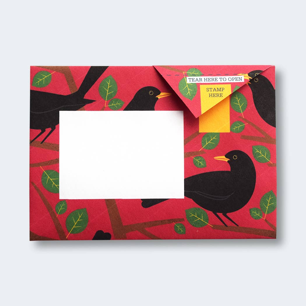 Dawn Chorus Pigeon Folding Letter Set by penny black showing a rich red folded letter with blackbirds on branches