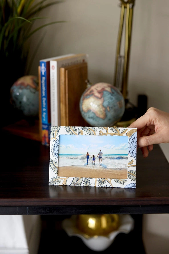 Keepsake Block Printed Photo Frame Birthday Card - Marigold Blue Stone