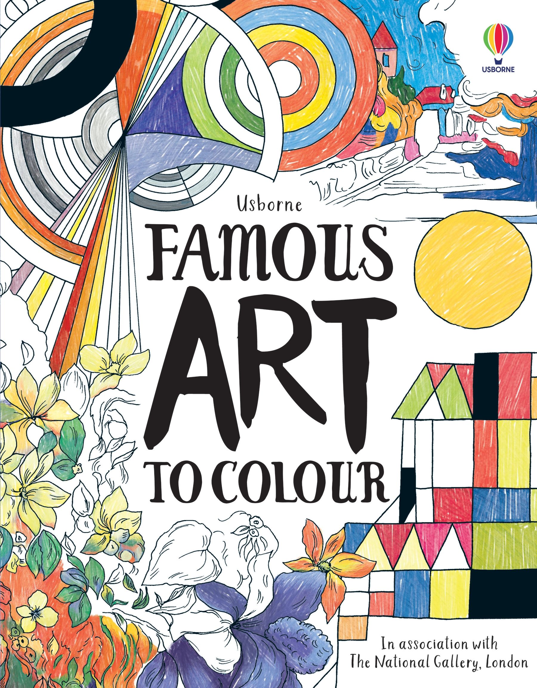The front cover of a colouring book called 'Famous Art to Colour' by Usborne in association with the National Gallery London. The cover shows a preview of the paintings inside that are available to colour and learn about.