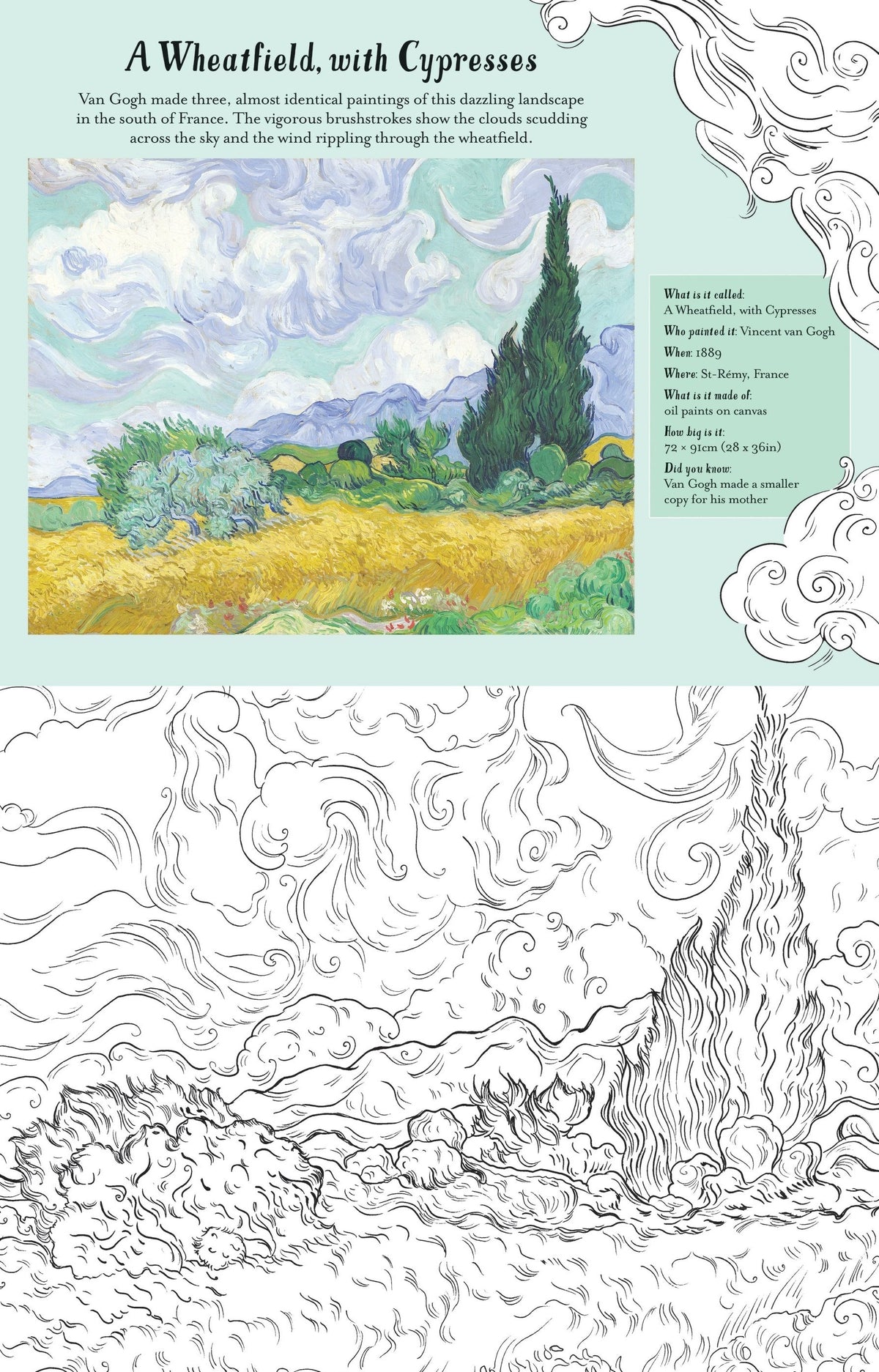 An example of a 2 page spread of this colouring book. The top page sets out the painting, artist and some background whilst the bottom page is the same artwork but line drawing only.