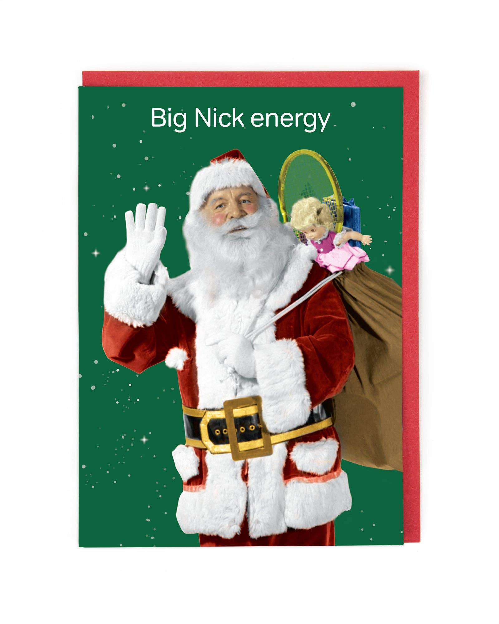 A christmas greetings card featuring Santa Claus waving with a green background and text 'Big Nick energy'.