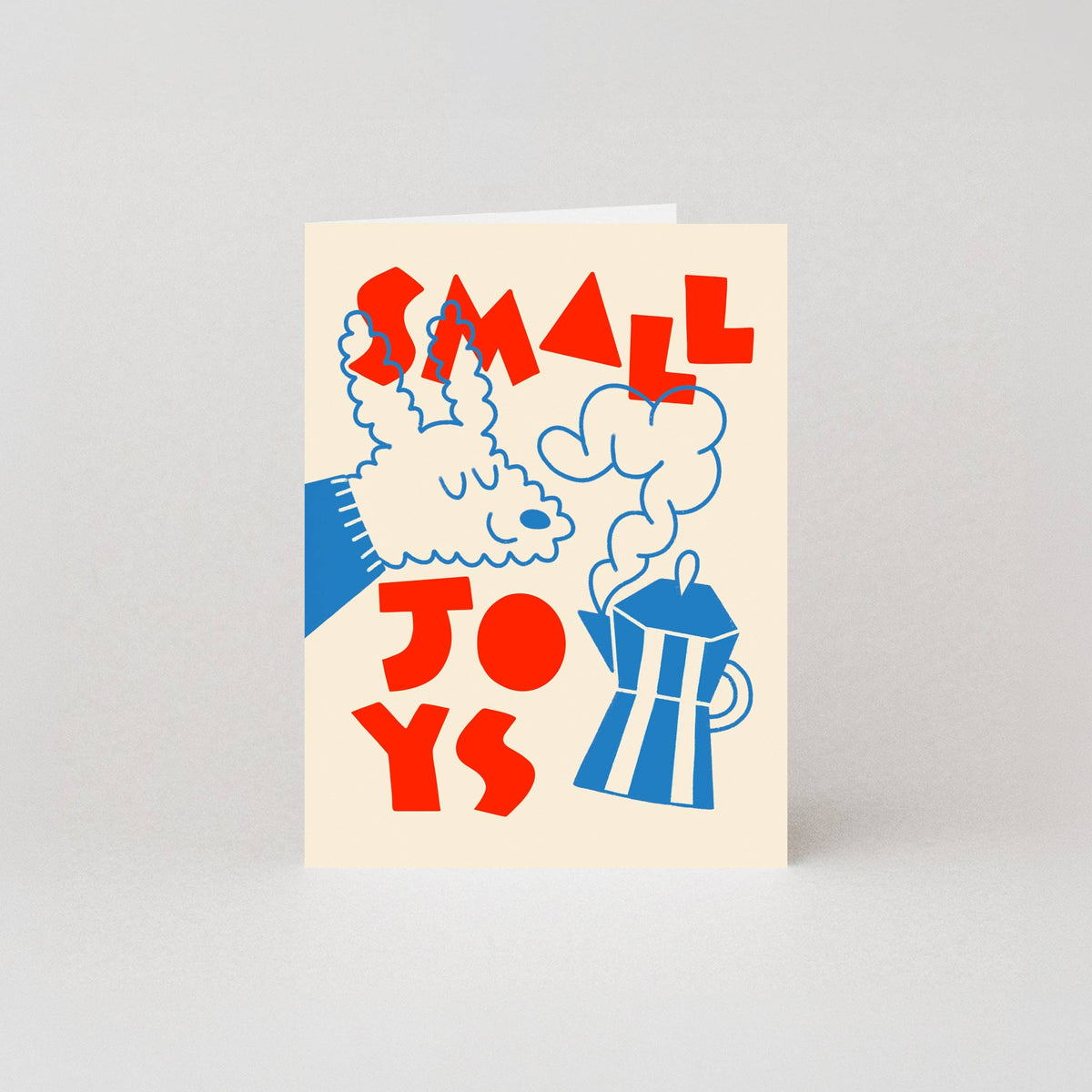 Mini greeting card with 'Small Joys' text and graphic design of a dog smelling a mokka coffee pot on a cream background