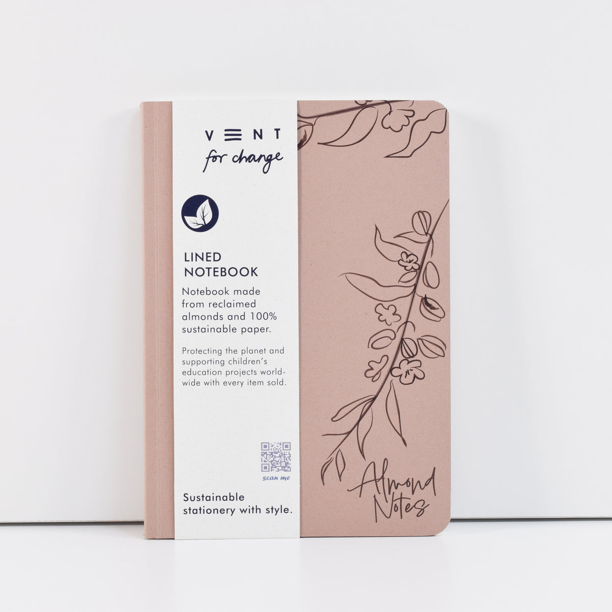 Environotes A5 Lined Notebook - almond notes with dusty pink cover and branch illustration leaning against a white background by Vent For Change at penny black