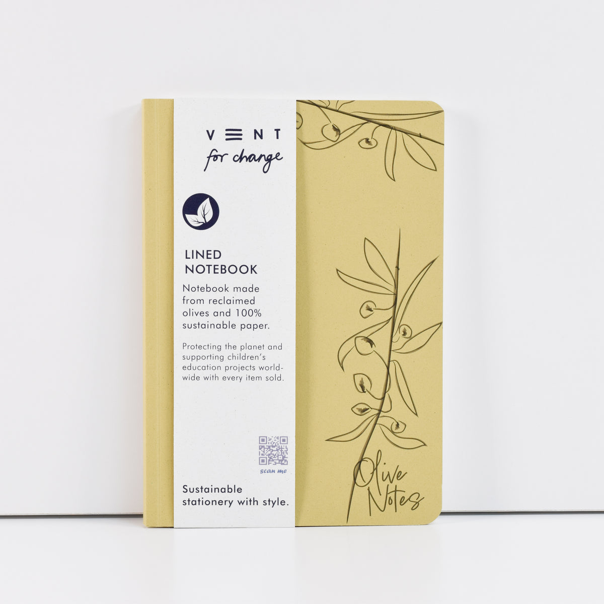 Environotes A5 Lined Notebook - olive notes with dusty yellow/green cover and branch illustration leaning against a white background by Vent For Change at penny black